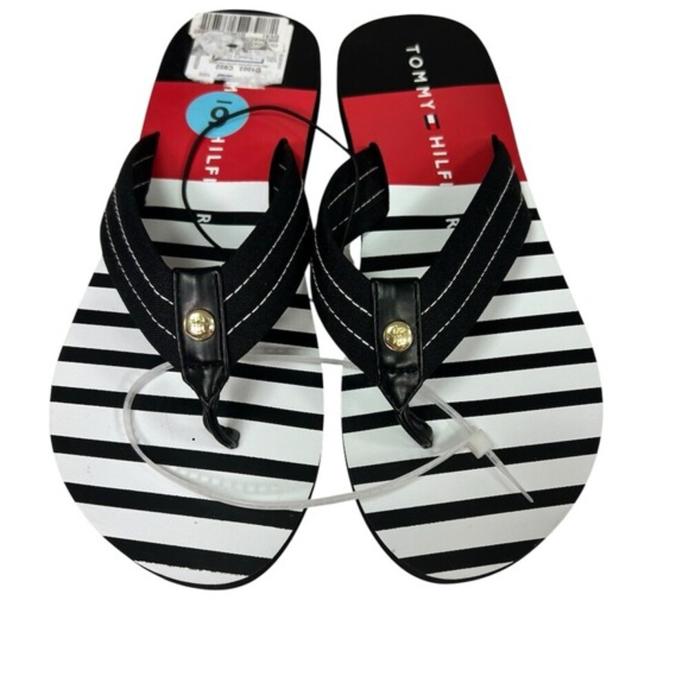 Tommy Hilfiger Womens Flip Flops Thong Sandals Black White Stripe Size 6M